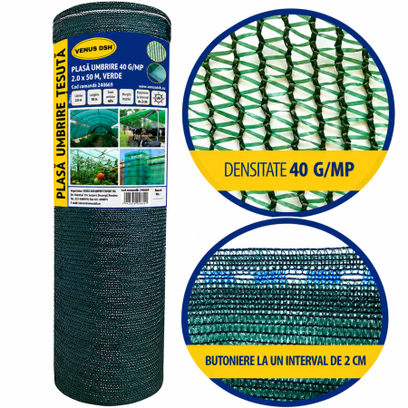 Plasa umbrire 40 g/mp, 2 x 50 m, verde